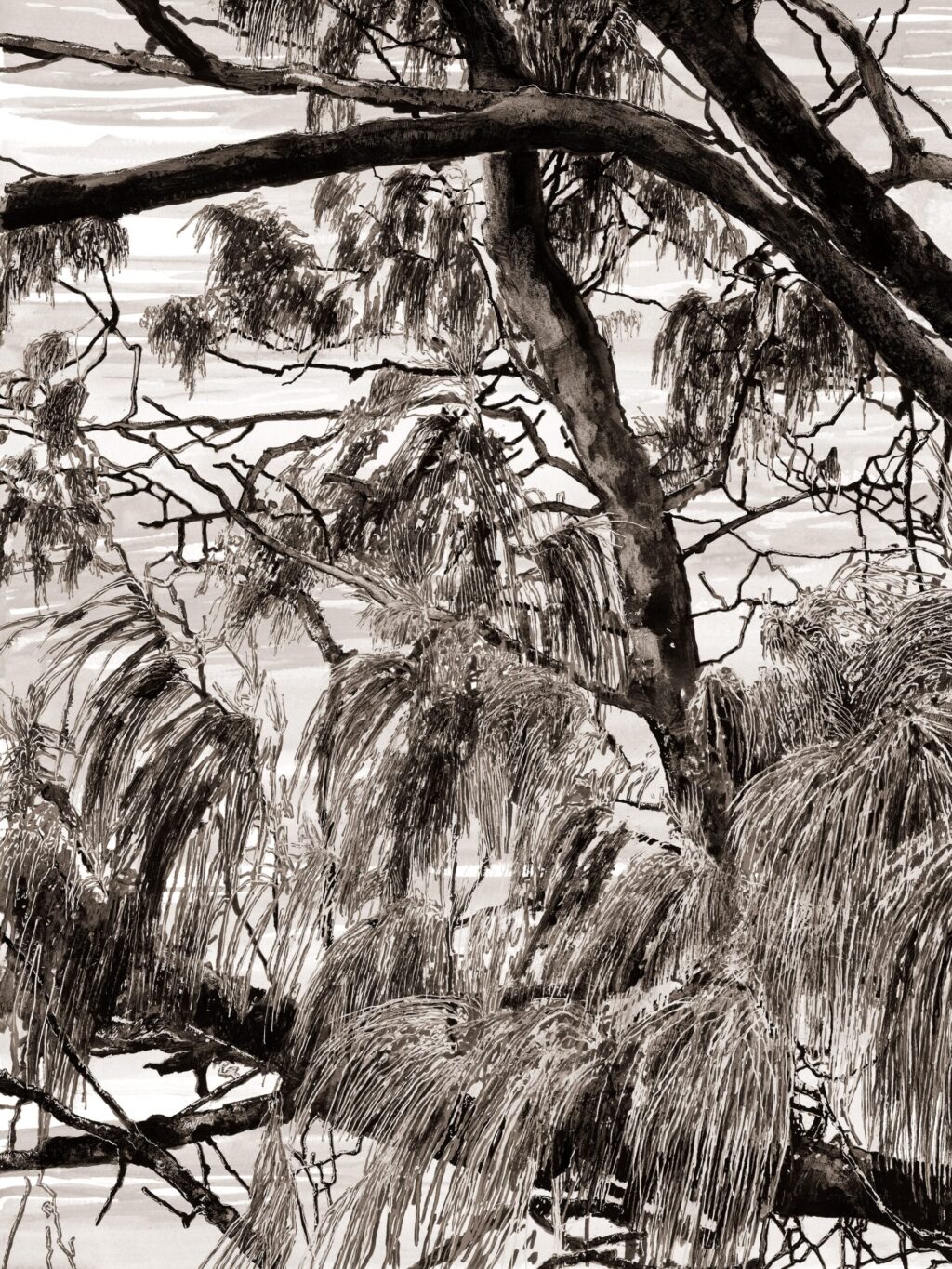 A trees painting displayed prominently in the center of a living room