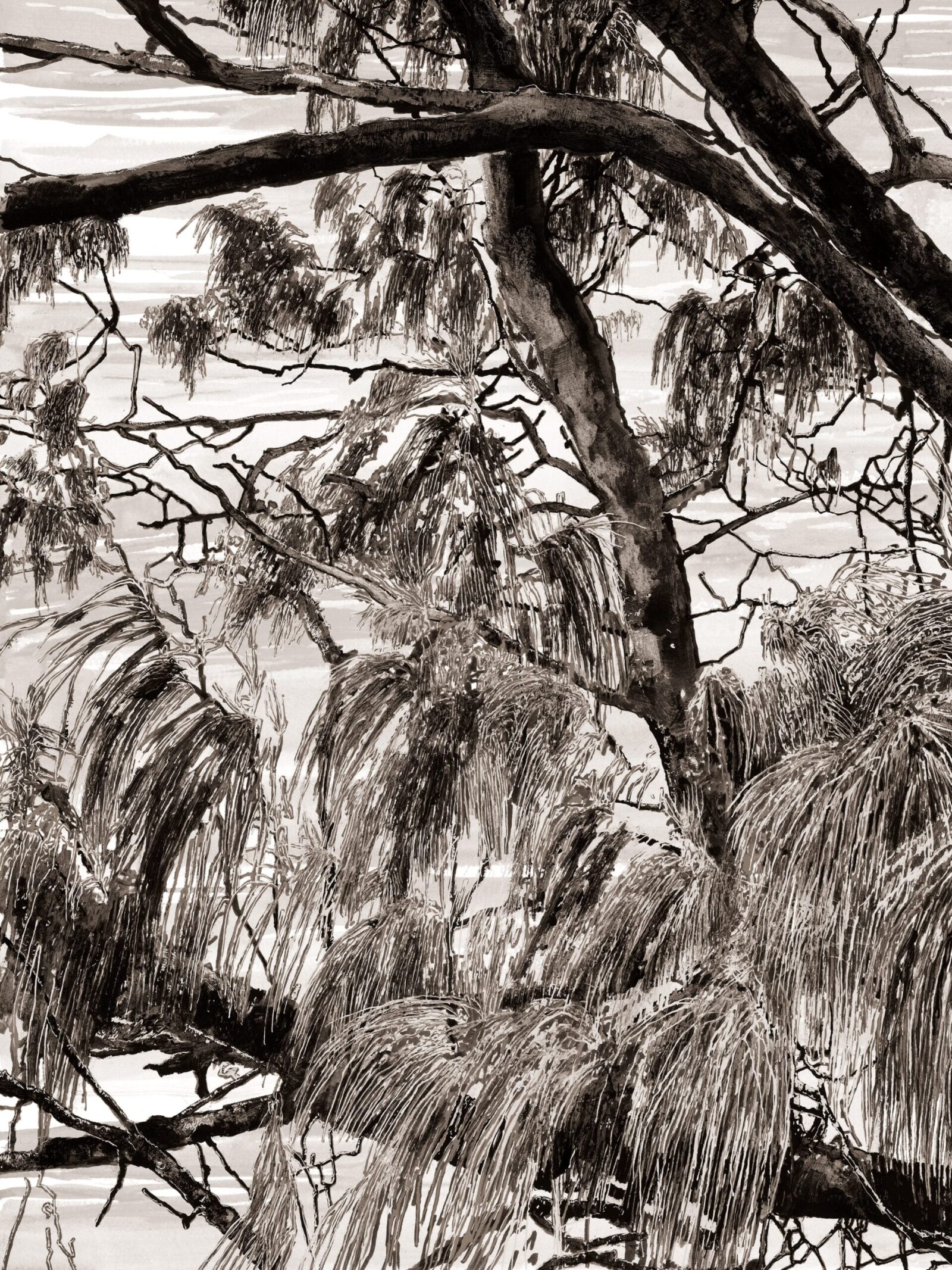 A trees painting displayed prominently in the center of a living room