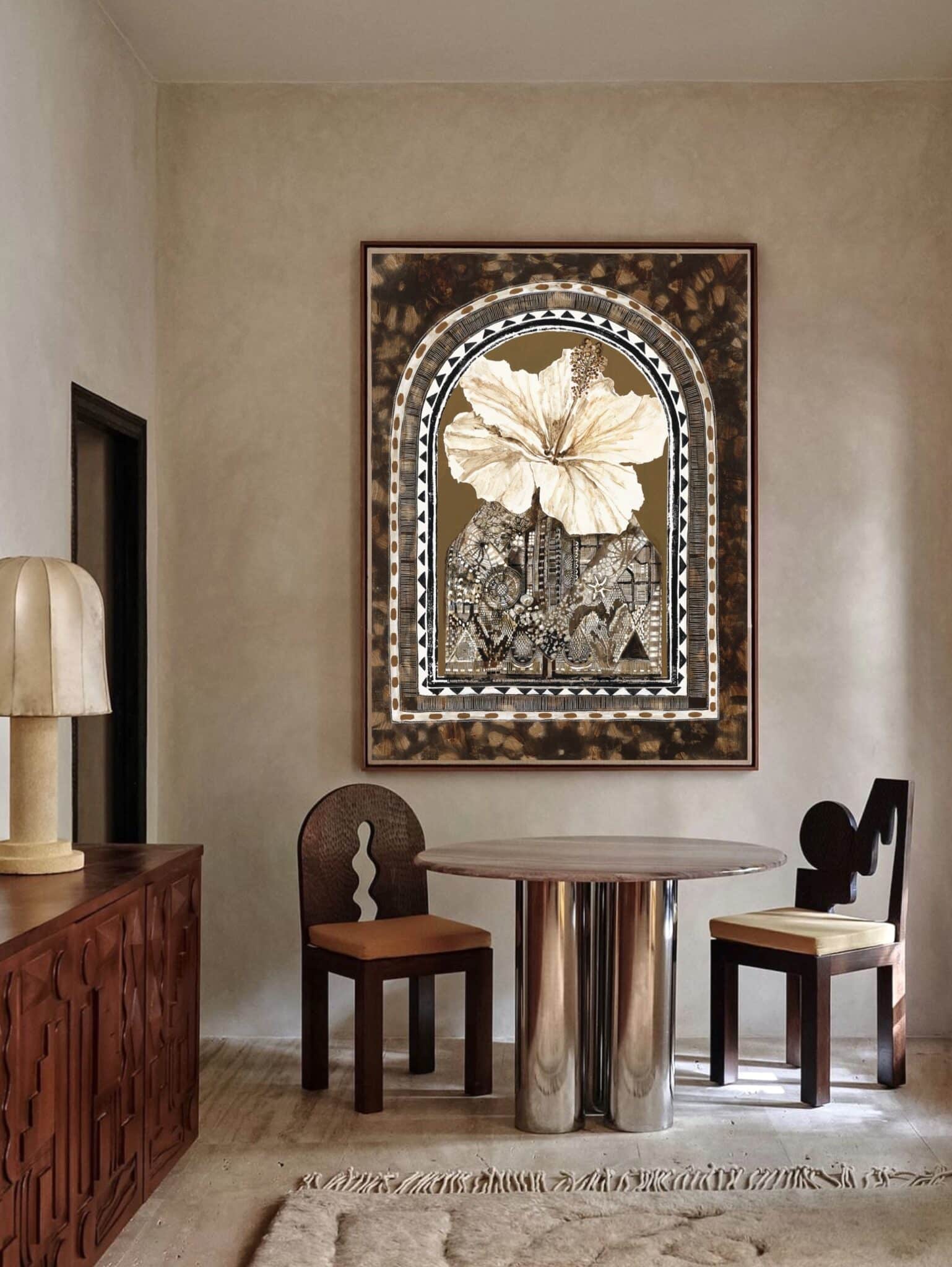 A realistic painting with detailed features hanging in a modern living room