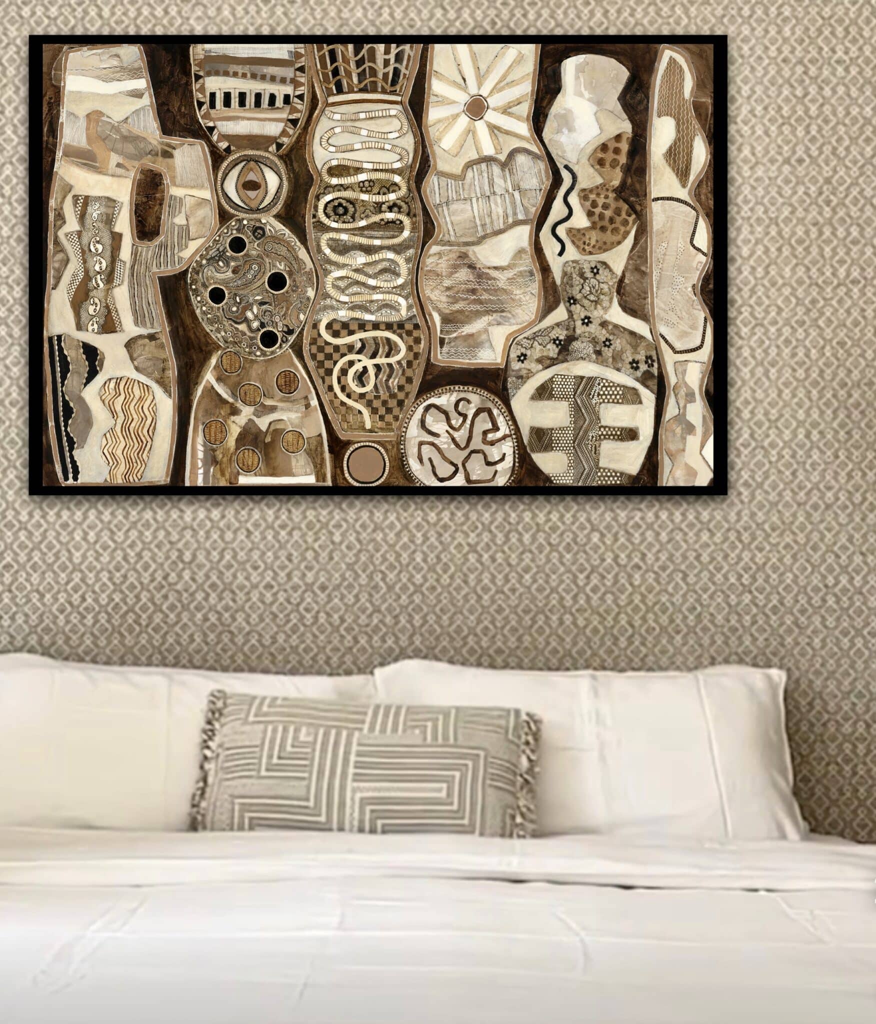 A painting displayed prominently in the center of a bedroom