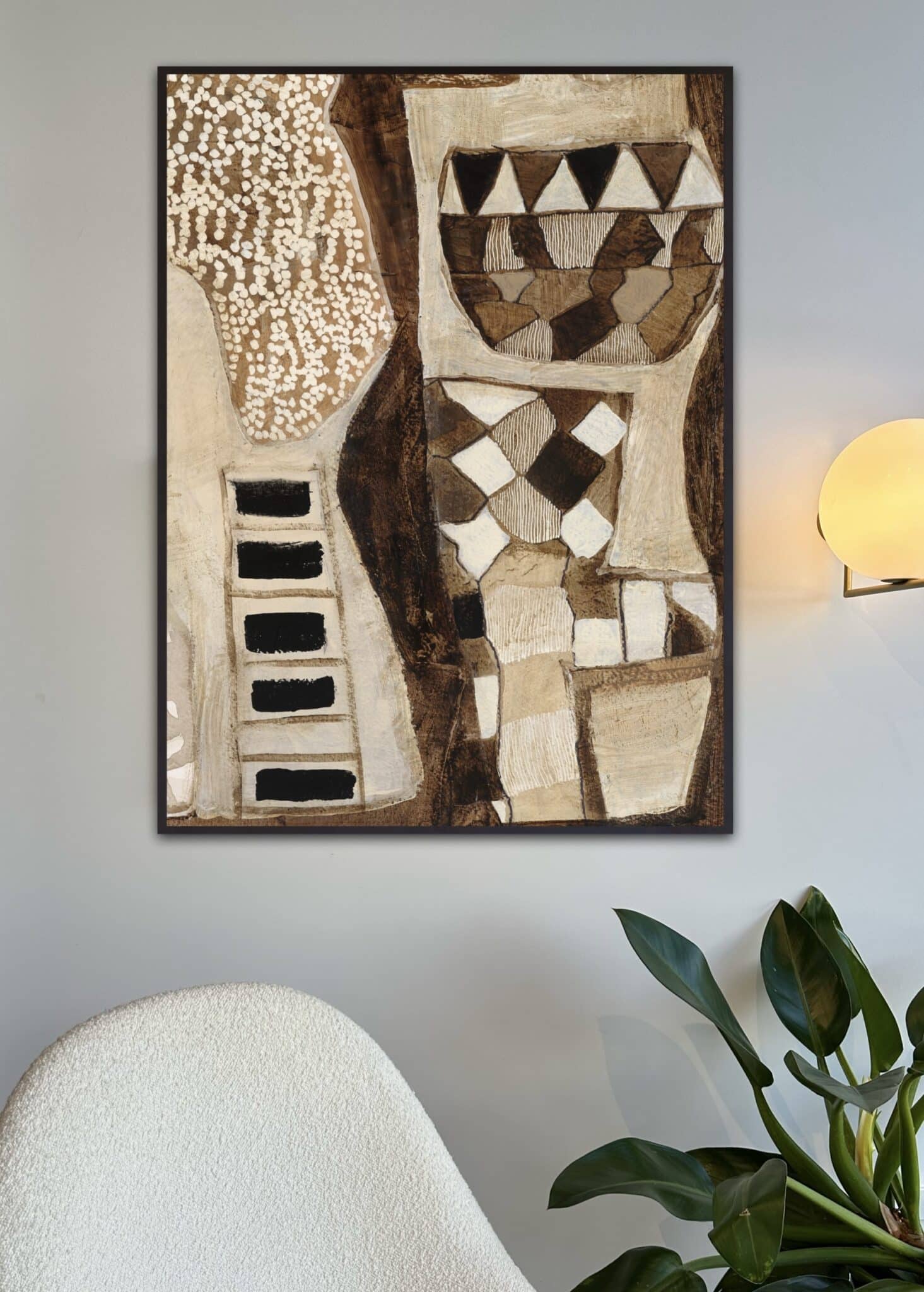 A painting displayed prominently in the center of a living room