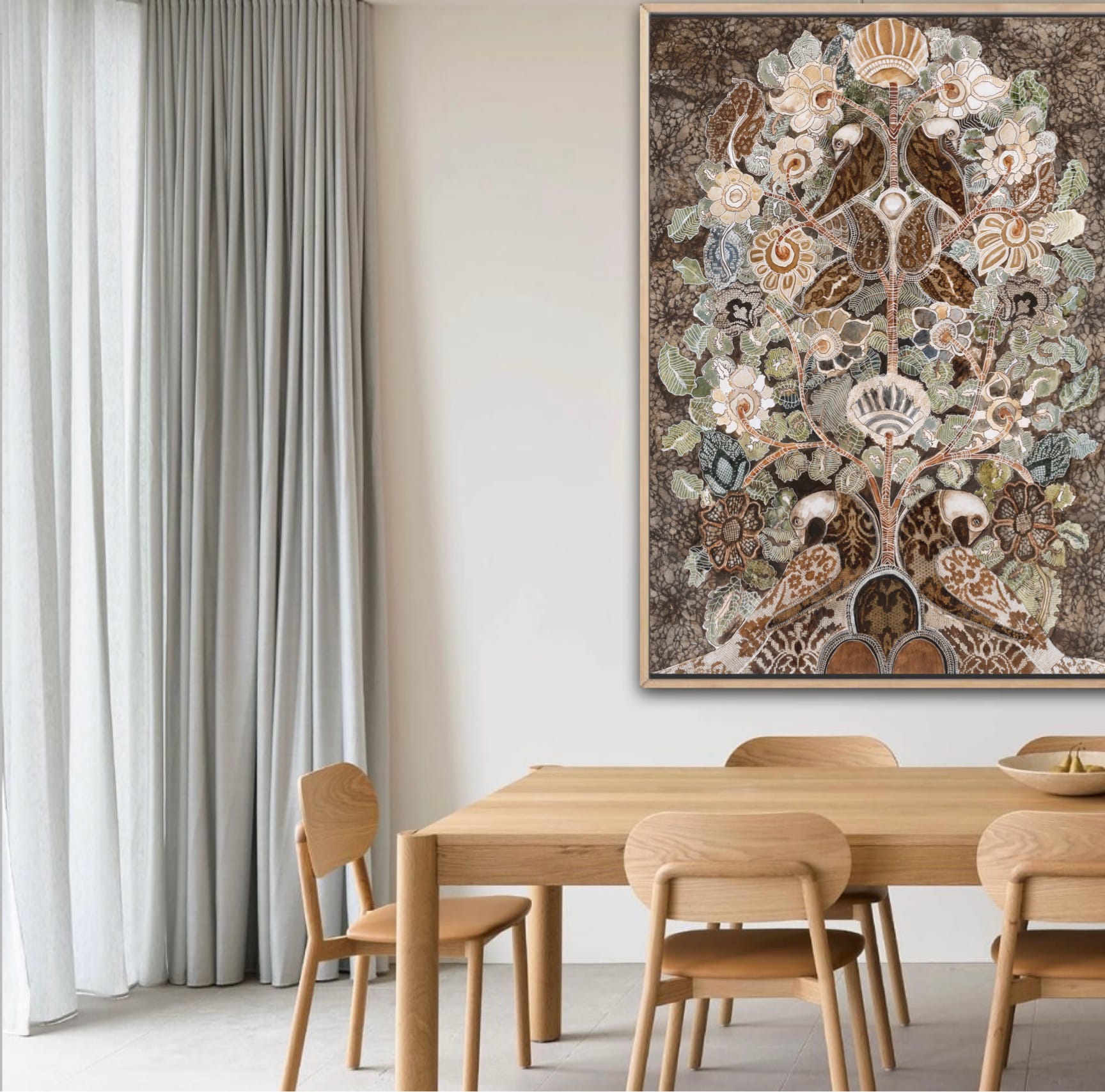 A painting hanging in the center of a dining room, surrounded by a table and chairs.